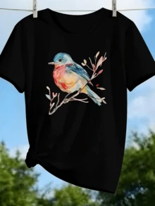 A Colorful Bird Perched On A Branch Symbolizes Freedom, Hope, And A Connection With Nature, Expressing Positive Energy And Serenity. A Modern, Comfortable, Casual Women's T-Shirt For Everyday Wear. - 黑色 - 查看 1