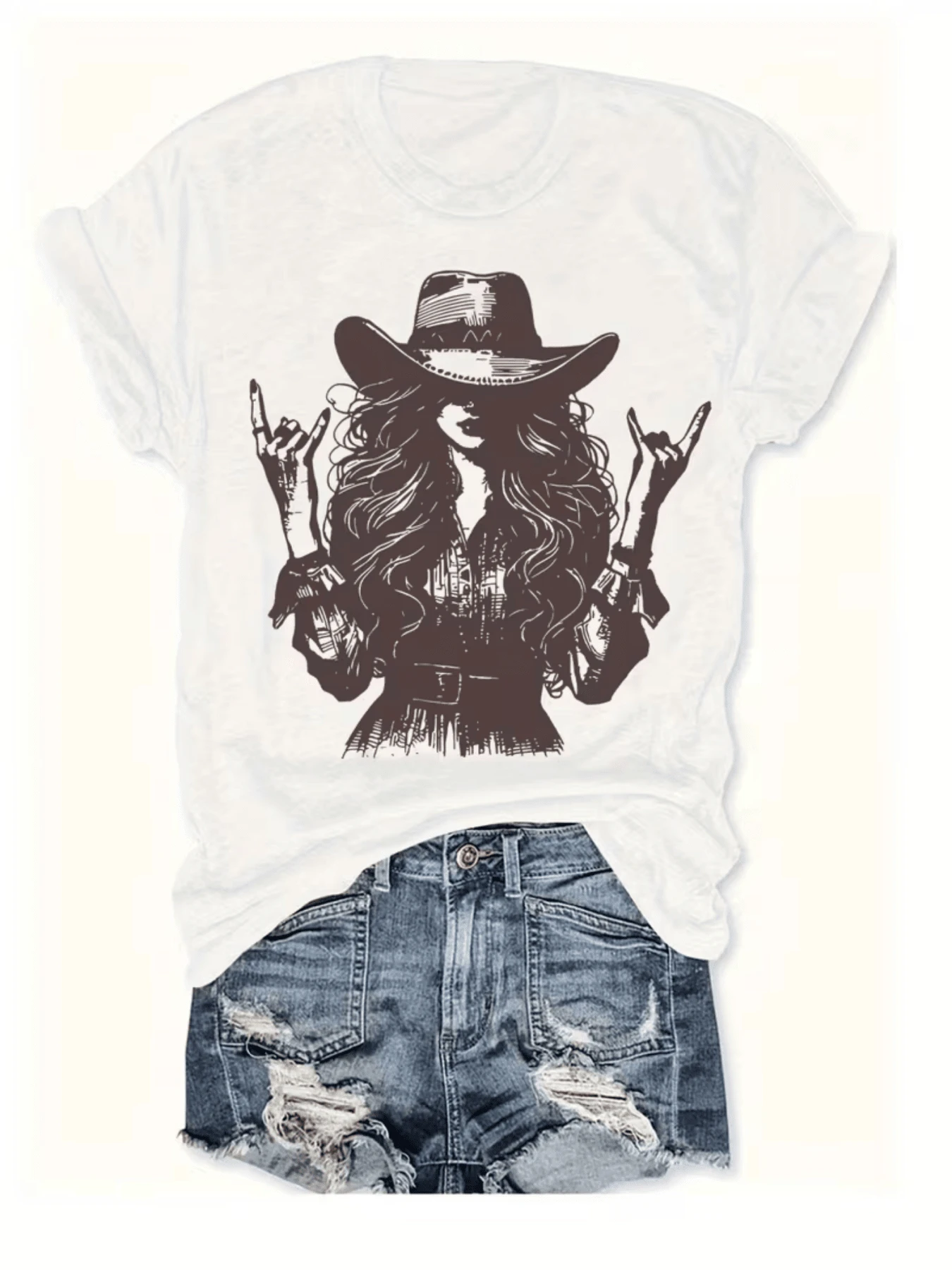 Figure Of A Woman With A Cowboy Hat And Hand Gesture Conveying Free Energy, Rebellious Spirit, And Feminine Strength, With Long Wavy Hair, Wearing A Comfortable Casual Women's T-Shirt For Everyday Use. - 白色 - 查看 1