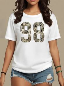 Number 98 With A Texture Of Dried Leaves And Branches Symbolizing The Natural Connection And The Strength Of Regeneration. Modern Casual Women's T-Shirt For Summer - 白色 - 查看 8
