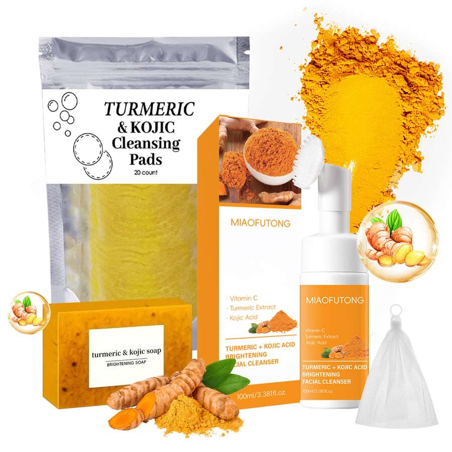4Pcs Turmeric Wash And Care Three Piece Set,Tuemeric Facial Cleanser & Turmeric Soap Bar & Turmeric Face Scrub Pads,Face & Body Cleanser,Turmeric Cleansing Skincare Set, Deep Cleansing