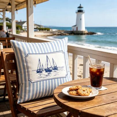 1PC Blue Striped Sailing Boat Pillowcase, Double-Sided Printing, Ocean Seaside Boat House Living Room Bedroom Sofa Headboard Decorative Pillowcase, Blue Coast Sailing Style Ocean Room Decorative Pillowcase (Excluding Pillow Core)