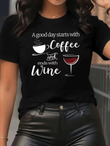 Steaming Cup Of Coffee And Wine Glass Representing The Perfect Balance Between Morning Energy And Evening Relaxation; Modern, Comfortable Casual Women's T-Shirt For Everyday Wear - 黑色 - 查看 8