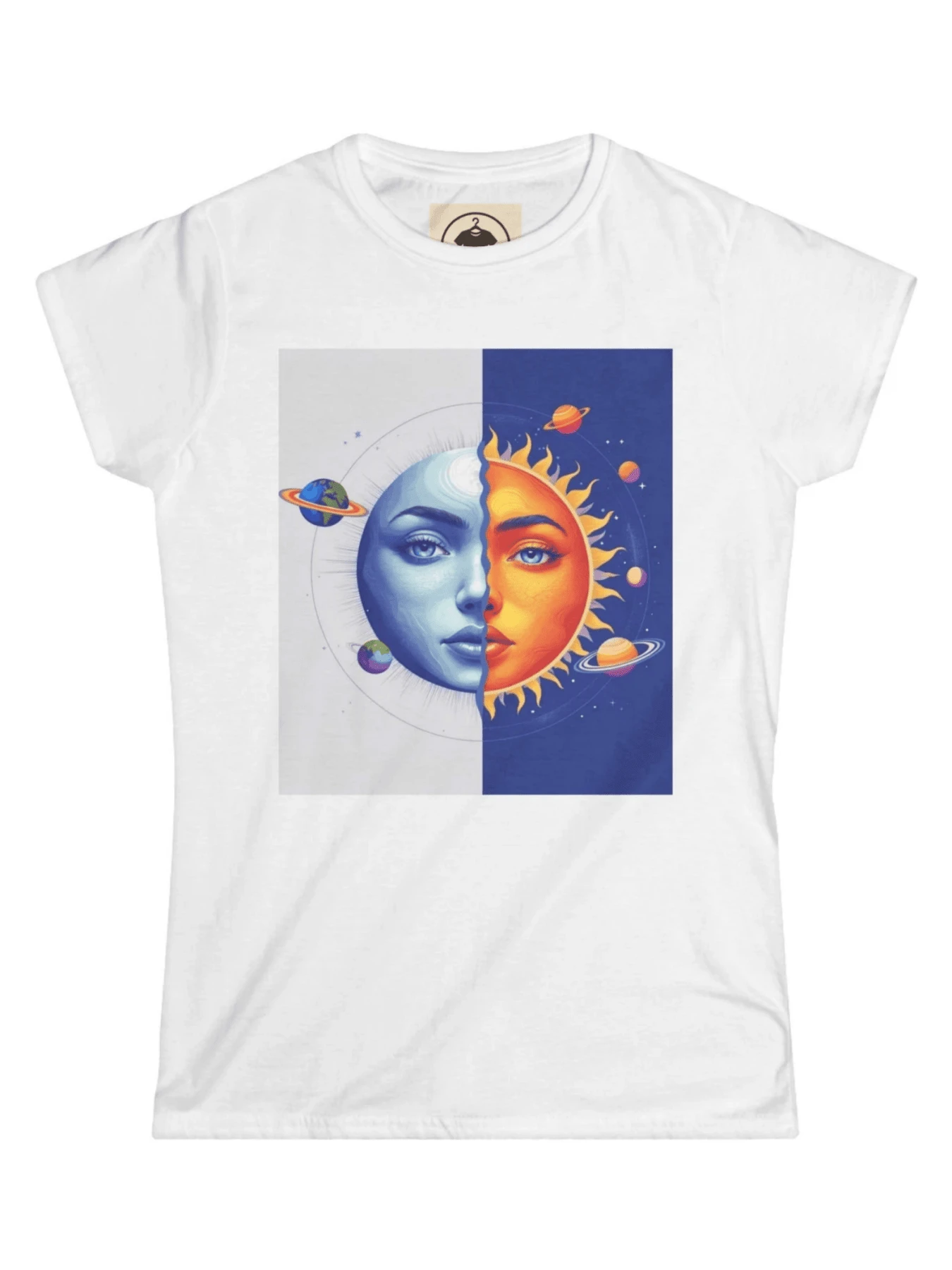 Sol radiante rodeado de planetas que simbolizan la conexión cósmica entre la luz y la energía del universo en un equilibrio de color y armonía camiseta de mujer casual moderna y cómoda para uso diario - Blanco - Ver 1