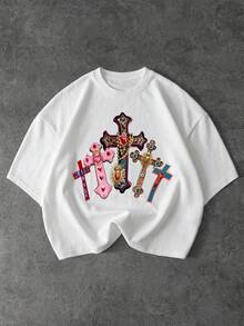 Dope | Men's Short Sleeve Round Neck Tee, American Street Cross Print Minimalist Casual Top For Daily Wear - White - View 6