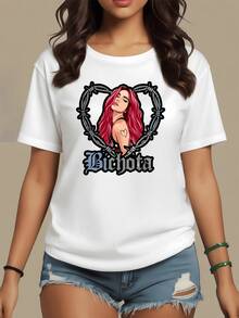 A Female Figure With Red Hair, Surrounded By A Frame Of Thorns, Symbolizes Strength, Passion, And Freedom. The Word "Bichota" In Gothic Typography Inspires Confidence And Power. This Modern, Casual Women's T-Shirt Is Perfect For Everyday Wear. - 白色 - 查看 8
