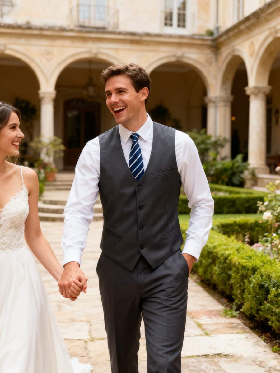 Chaleco formal de corte slim de un solo pecho en gris, adecuado para la oficina y bodas - Gris - Ver 1