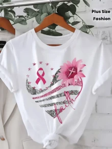 Heart Formed By A Pink Ribbon, A Symbol Of Hope, And A Flower Representing Strength And Faith In The Fight Against Cancer. A Modern, Comfortable, Casual Women's T-Shirt For Everyday Wear. - 白色 - 查看 8