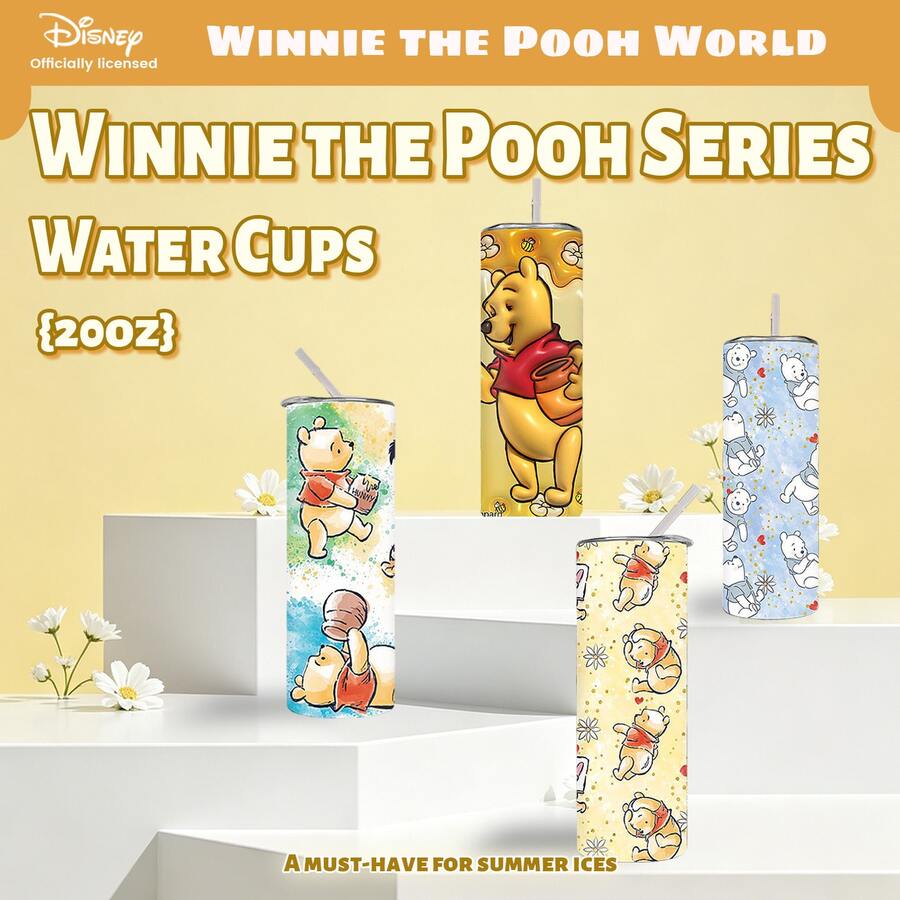 Disney 1 pieza Termo recto, impreso con el patrón del personaje Winnie the Pooh, botella de agua aislada de acero inoxidable con pajita, 600ml, en caja con código anti-falsificación - Winnie - Ver 1