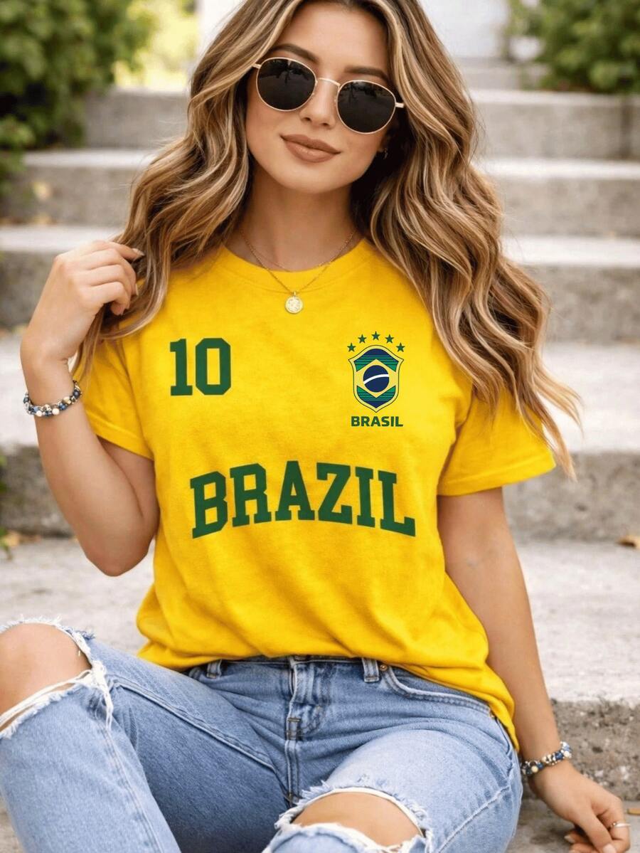 Women's Cotton T-Shirt, Brazil, Brazilian National Team, Shirt #10, Of Arms, New Collection - Casual Fashion Style, Round Neck, Lightweight And Comfortable - Màu vàng - Xem 1