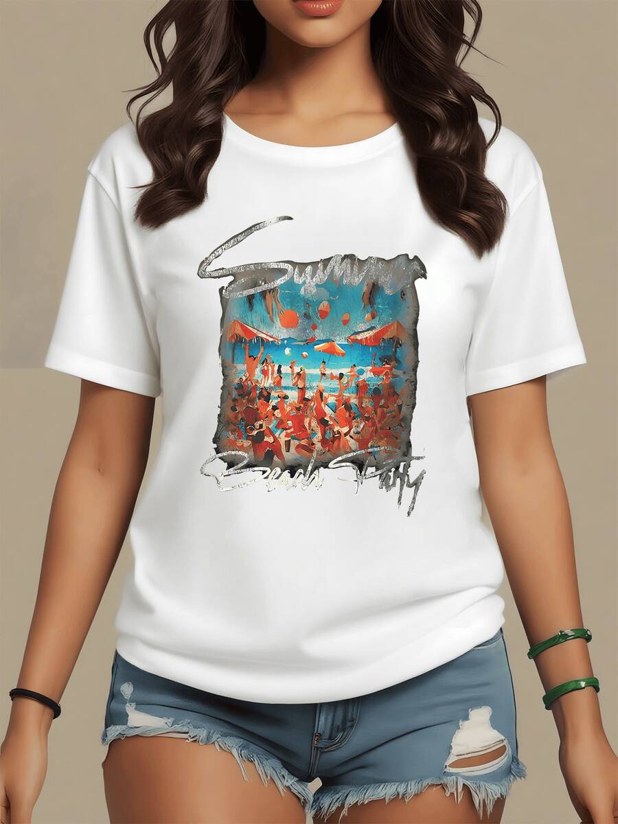 Escena veraniega llena de energía con personas disfrutando del sol sobre la arena junto a sombrillas y globos de colores reflejando momentos felices y libertad camiseta de mujer casual cómoda para uso diario - Blanco - Ver 1