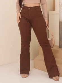 Faraya Jeans Women's Flare Jeans Available In Beige/Khaki/Brown/Black/White/Green, Super Comfortable, High-Waisted With Lycra. - 巧克力棕 - 查看 2