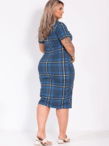 Casual Short-Sleeved Plaid Midi Dress, Comfortable For Spring/Summer - Màu xanh kẻ caro - Xem 2