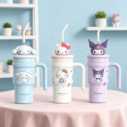  Miniso Sanrio Hello Kitty Cinnamoroll Kuromi Cold Drink Cup Cute Cartoon Thermos Cup Large Capacity Stainless Steel Insulated Cup Tumbler Outdoor Portable Water Bottle 700ml/24oz