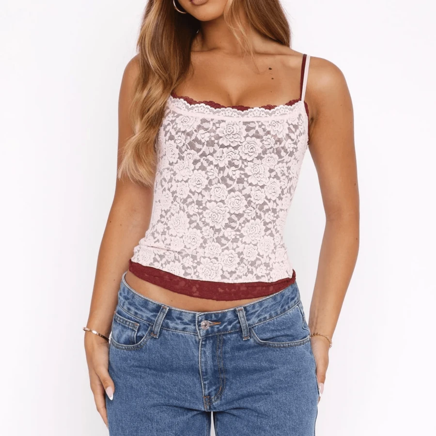 Women's Fashionable Summer Sleeveless Lace Camisole With Thin Straps, Fitted - Pink - View 1