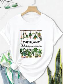 Rows Of Pots With Hanging Green Tropical Plants Evoke Calm, Nature, And A Love Of Gardening. A Comfortable And Casual Women's T-Shirt, Perfect For Plant Lovers. - 白色 - 查看 1