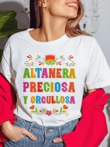 Frases coloridas que expresan orgullo energía y alegría femenina con detalles florales vivos y letras grandes multicolor que celebran la fuerza interior y la belleza única camiseta de mujer casual moderna cómoda para uso diario - Blanco - Ver 8