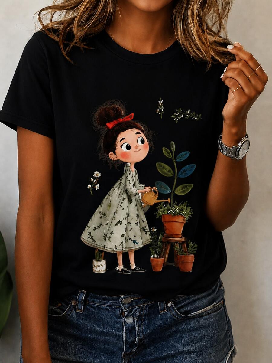 Women's Casual Black T-Shirt With Cute Gardener Girl Print | Sweet Urban Style - 黑色 - 查看 1