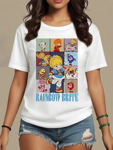 Personajes coloridos que representan la alegría y la energía positiva del arcoíris con figuras que evocan diversión y amistad en un mundo de fantasía camiseta de mujer casual moderna ideal para expresar un espíritu alegre y optimista - Blanco - Ver 8
