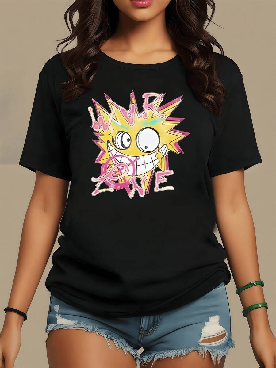 Explosion Of Vibrant Colors With A Cartoonish Sun Smiling Broadly, Conveying Positive Energy, Rebellion, And Urban Joy. Women's Casual, Modern, And Comfortable T-Shirt For Everyday Wear. - 黑色 - 查看 1
