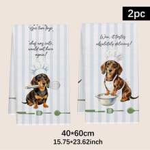 2条简约日常可爱腊肠犬图案厨房巾，柔软涤纶材质，适用于厨房装饰、清洁、节日派对装饰、厨房和浴室用品、家居装饰、乔迁礼物 - 彩色 - 查看 3