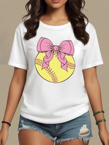 A Yellow Softball With A Large Pink Bow Symbolizes Strength And Femininity, Uniting Sporting Passion And Casual Style. A Comfortable Women's T-Shirt For Summer. - 白色 - 查看 8