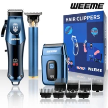 WEEME 三合一男士理容套装 - 无绳理发器 + T 型刀头修剪器 + 电动剃须刀，USB 充电，带 LED 显示屏和导梳，家用理发修剪套装 - 藍色 - 查看 2