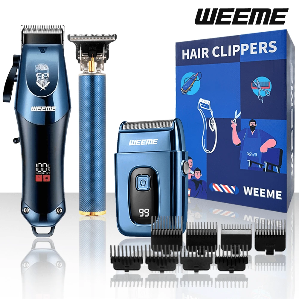 WEEME 三合一男士理容套装 - 无绳理发器 + T 型刀头修剪器 + 电动剃须刀，USB 充电，带 LED 显示屏和导梳，家用理发修剪套装