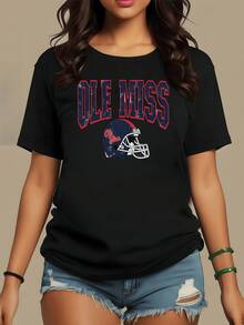 Football Helmet With Sports Lettering That Evokes Passion For The Game, Strength And Competitive Spirit; Modern Casual Women's T-Shirt, Comfortable For Everyday Wear - 黑色 - 查看 8