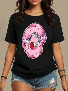 Rosquilla rosa con ojos saltones y lengua divertida que representa una mezcla de humor y surrealismo transmitiendo energía creativa y audacia camiseta de mujer casual moderna para uso diario - Negro - Ver 8