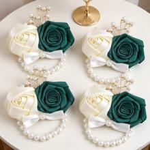 4pcs Elegant Ivory & Dark Green Rose, Korean Style Golden Leaf, Pearl, Bow Elastic Pearl Wrist Corsage, Bridal Bridesmaid Wrist Decor, High-End Wedding Party Prom Valentine's Day Event Wrist Accessory SW280 - Milk + Dark Green - View 5