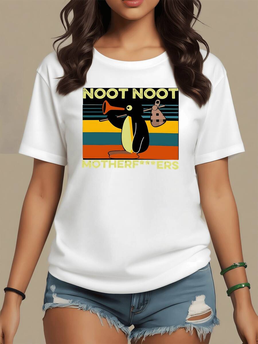 Penguin Expressing Joy With Vibrant Colors And A Fun Attitude, Accompanied By Retro Lines That Evoke A Free Spirit And Relaxed Humor. Modern Casual Women's T-Shirt For Everyday Wear - 白色 - 查看 1