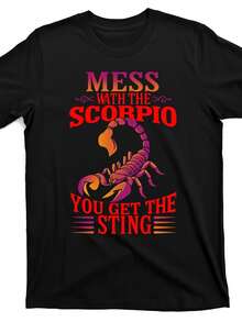 Scorpio Zodiac T-Shirt For Men And Women - If You Mess With A Scorpio, You'll Get Stung - Scorpio Symbol And Astrological Sign, Black With Red, Purple And Yellow Print, Casual Short Sleeve Crew Neck T-Shirt, PLUS SIZE - 黑色 - 查看 6