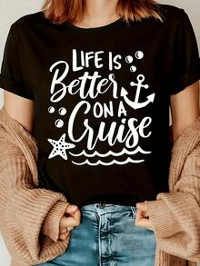 Ancla rodeada de burbujas junto a una estrella de mar sobre olas representa el espíritu libre de viajar por el mar y disfrutar de la brisa marina con optimismo y alegría camiseta de mujer casual moderna para vacaciones y verano - Negro - Ver 6