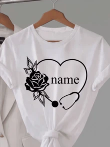 Heart Formed By A Stethoscope Surrounding A Rose Symbolizing Care And Empathy For Life. Women's Casual White T-Shirt With Artistic Print, Ideal For Everyday Wear. - 白色 - 查看 8