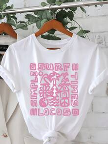 Palmeras olas flores y símbolos que evocan la energía libre del verano y la alegría del mar creando una sensación divertida y relajada ideal para quienes aman el sol camiseta de mujer casual moderna - Blanco - Ver 1