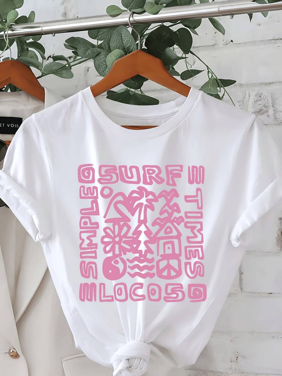 Palmeras olas flores y símbolos que evocan la energía libre del verano y la alegría del mar creando una sensación divertida y relajada ideal para quienes aman el sol camiseta de mujer casual moderna - Blanco - Ver 1