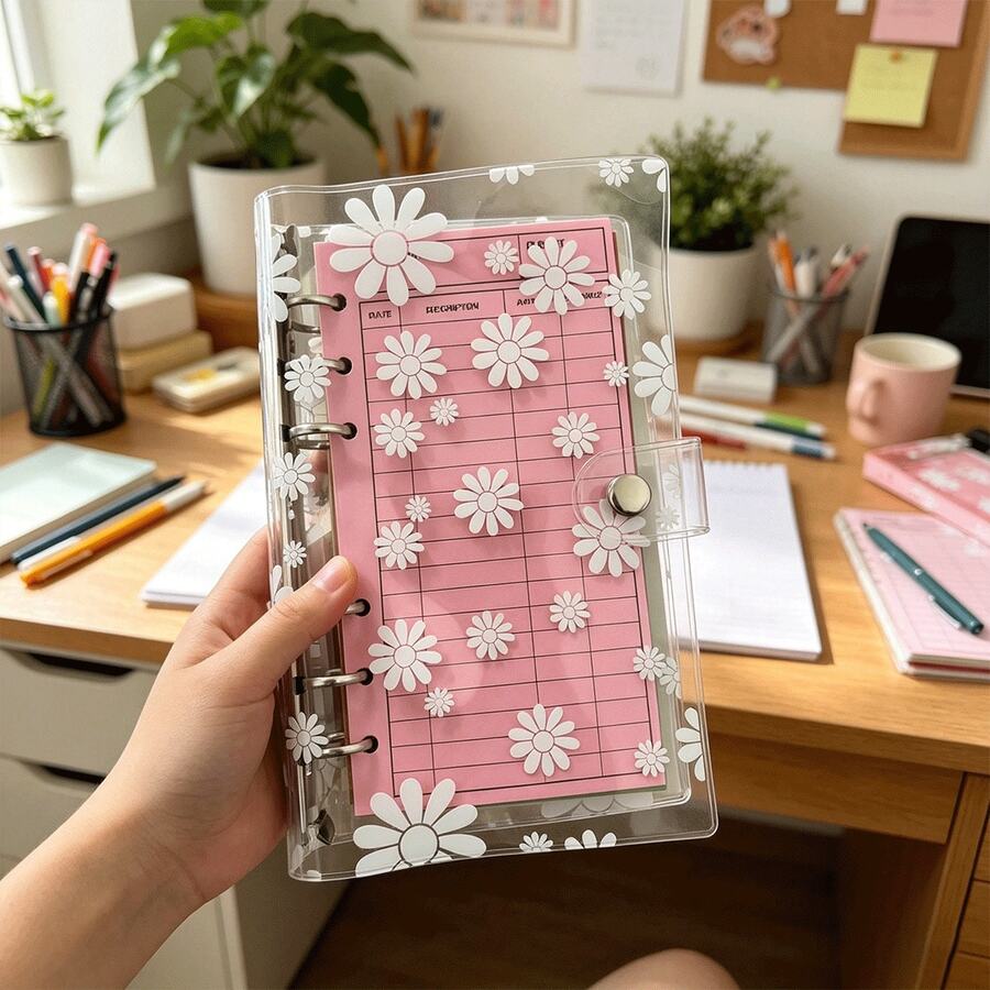 A6 Flower Transparent PVC Binder With 12 Envelopes, Budget Envelopes In 12 Colors Optional, Durable & Stylish 6-Hole Storage Organizer For Organizing Notes, Finances And Savings Challenges - Binder With 12 Envelopes - View 1