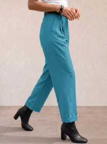 Women's High-Waisted Straight-Leg Trousers With A Slimming Effect And Folded Hem, An Elegant Style Ideal For The Office And Casual Wear - 薄荷藍 - 查看 4