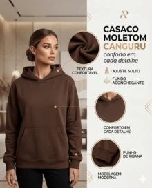 Women's Unisex Kangaroo-Style Sweatshirt, Plain Hooded Sweatshirt, Fleece Jacket, Thick Knit, Comfortable Winter Style, Warm, Brazilian Style, Fashion. - 巧克力棕 - 查看 2