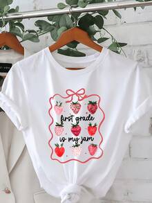 Fresas rojas y rosadas con texto divertido que expresa amor y energía por el aprendizaje reflejando dulzura optimismo y alegría para maestras o estudiantes camiseta de mujer casual moderna y cómoda - Blanco - Ver 6