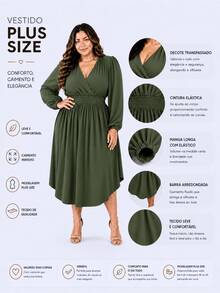 Women's Plus Size Dress With Wrap Neckline, Long Sleeves, Side Slit, Loose Fit, For Parties - Hijau Tentara - View 2