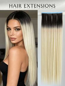 WaveTrip 10pcs Women'S Mini Tape-In Hair Extensions, 24 Inch Straight Hair Kanekalon Synthetic Hair Extensions, Not Fading, Seamless & Invisible For All Hair Types 10Pcs/Pack 35g - Two-Tone - View 1