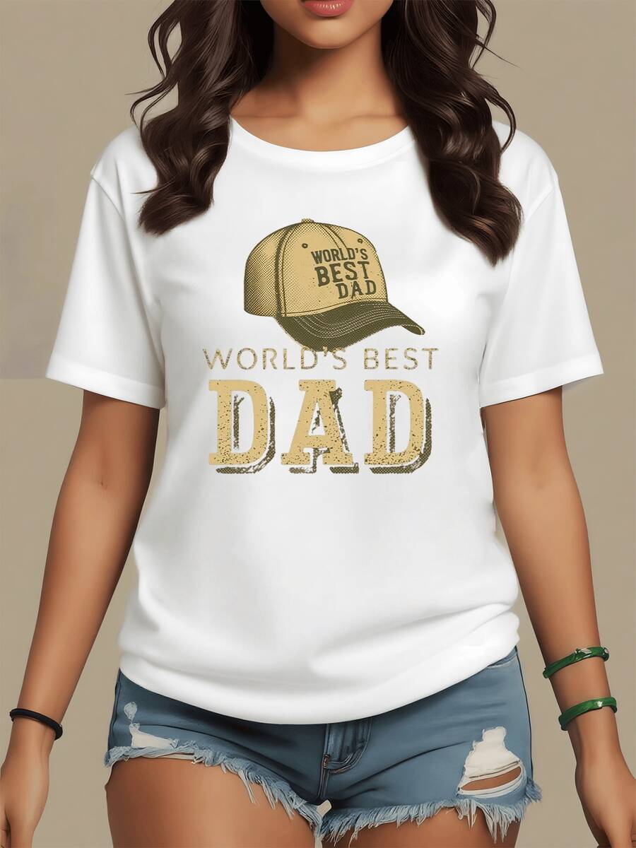 Gold Cap With A Phrase Celebrating The Best Dad In The World, Representing Family Love, Pride, And Gratitude. Ideal As A Gift For Special Occasions. Casual, Comfortable, And Modern Women's T-Shirt. - 白色 - 查看 1