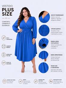 Women's Plus Size Dress With Wrap Neckline, Long Sleeves, Side Slit, Loose Fit, For Parties - Royal Blue - View 2