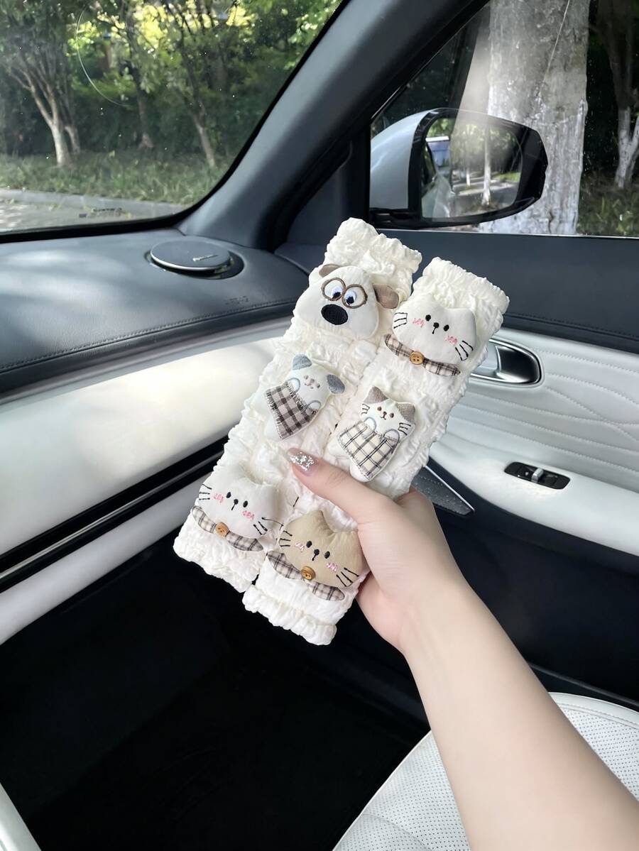 1件韩式卡通布艺汽车安全带肩垫套,可爱毛绒猫狗图案,加厚安全带保护套,汽车安全带肩垫套,汽车内饰配件 - A - 查看 1