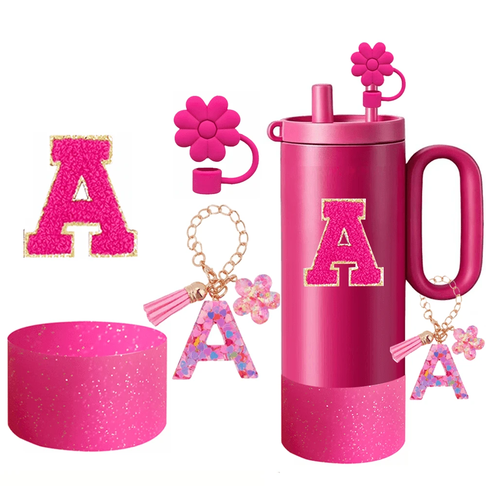 A-Z 4件組杯子配件套組(適用於所有 30-40oz 杯子)-配件套組包含:1個吸管防塵蓋、1個字母吊飾、1個亮面矽膠杯底保護套、1個杯子字母貼紙(字母鏈,隨機發貨) - 玫紅色 - 查看 1