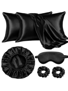 6pcs Women's Sleeping Cap, Pillowcase, Scrunchie, Eye Mask Set, Casual Polyester Satin Solid Color Suit, Gift For Daily, Vacation, All Seasons - 6-piece Set - View 3