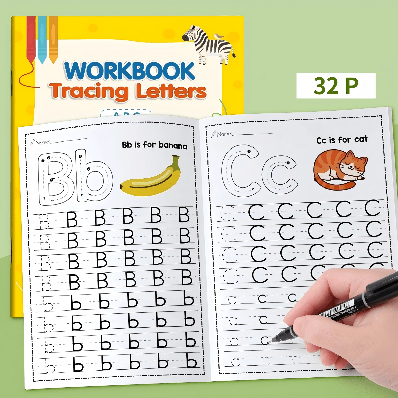 字母描紅練習本，32頁顏色編碼 A-Z 與數字 1-10，大寫/小寫練習，幼兒園兒童筆觸控制訓練，早期寫作技巧