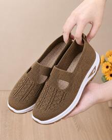 2026 Summer Women's Hollow Out Knit Flat Shoes, Slip On Mary Jane Casual Sneakers, Elastic Breathable Lightweight Walking Shoes, Non Slip Thick Sole Comfortable Support Footwear, Stylish Versatile Daily Wear Shoes For Campus, Travel, Shopping, Street - Brown - View 5