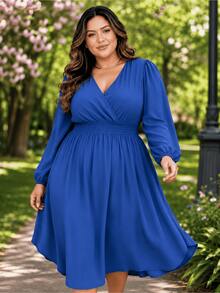 Women's Plus Size Dress With Wrap Neckline, Long Sleeves, Side Slit, Loose Fit, For Parties - Royal Blue - View 5